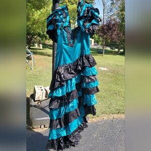 Teal and Black Ruffled Gown. Halloween Costume With Witch Hat